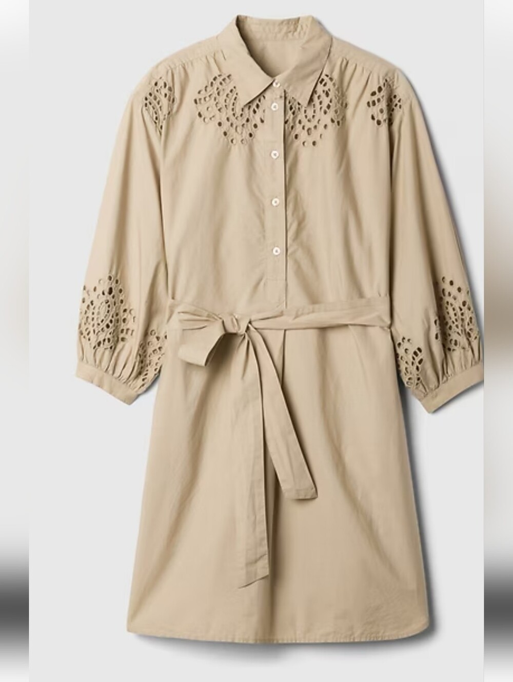 GAP Tan Eyelet Shirt Fall Cotton Dress with Waist Tie. Size ST